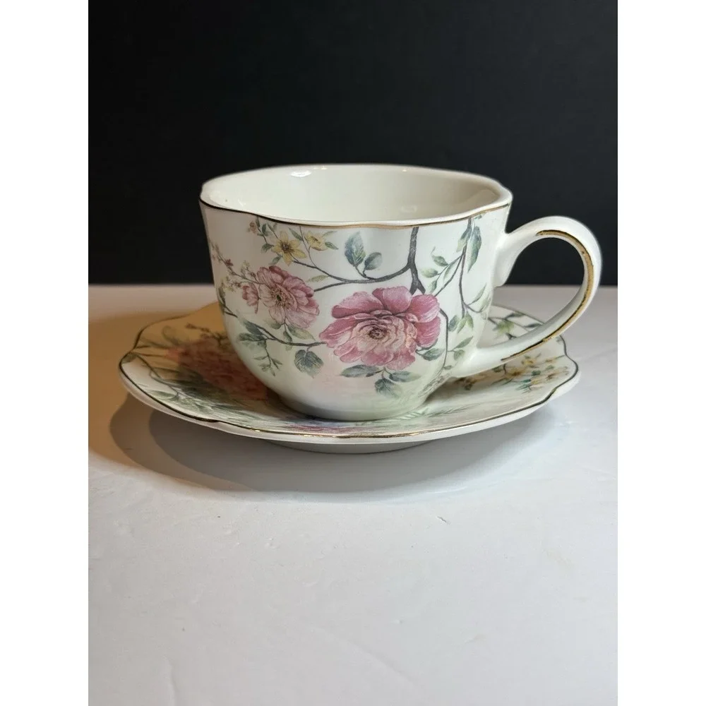 Grace Teaware Floral Jumbo Tea Cup & Saucer Pink Roses Fine Porcelain Set